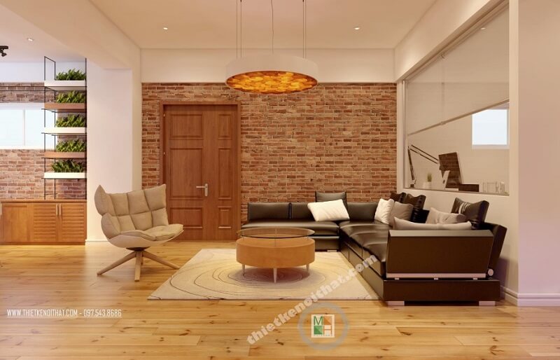 Mẫu thiết kế nội thất phòng khách chung cư đẹp với bộ sofa bọc da cao cấp tạo điểm nhấn nổi bật cho căn phòng Thiết kế phòng khách chung cư
