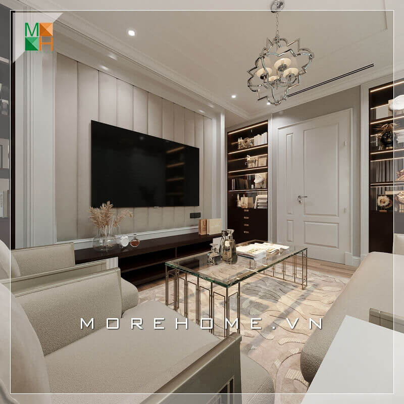 Giới thiệu mẫu sofa phòng khách đẹp cao cấp bọc nỉ màu kem sữa đẹp kết hợp với chiếc bàn kính sang trọng và đẳng cấp. Thiết kế tường treo TV rất sáng tạo ấn tượng với những chi tiết phào nổi đầy tinh tế. Kệ TV hiện đại cũng là một điểm nhấn giúp căn phòng trở nên đẳng cấp hơn. Thiết kế chung cư