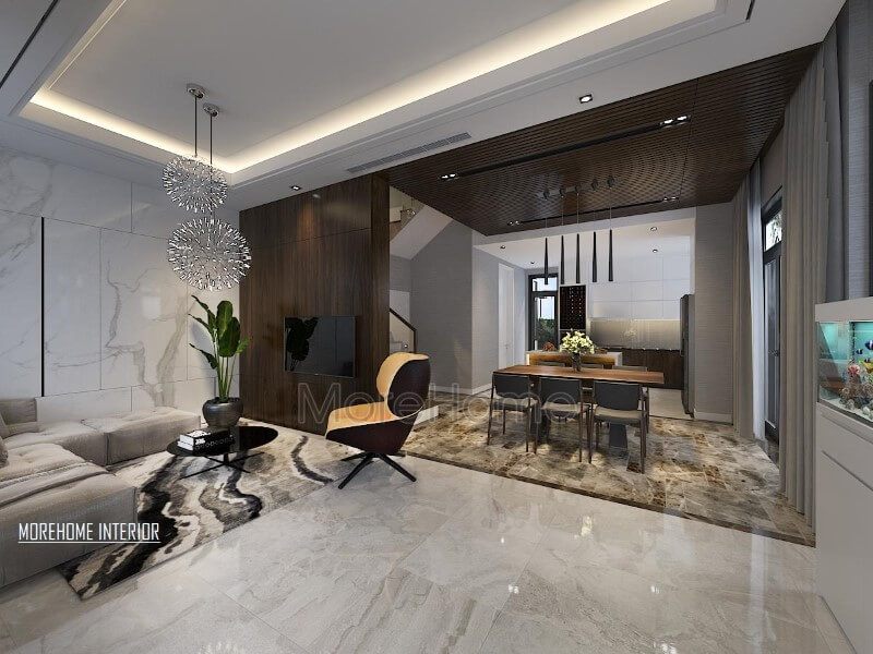 Mẫu thiết kế phòng khách liền bếp hiện đại, sang trọng với đá làn sát phòng ăn tạo không gian ngầm tách biệt giữa khách và bếp.