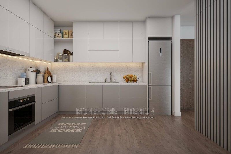 Hệ thống tủ bếp trên và dưới được thiết kế theo phong cách hiện đại, cung cấp khu vực lưu trữ đồ dùng thuận tiện.
