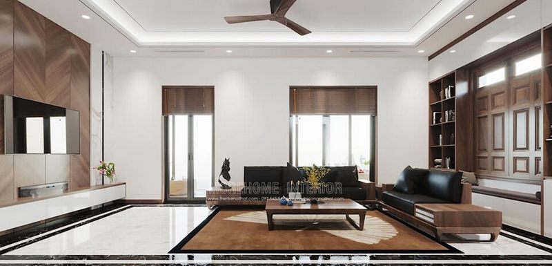 Dự án thiết kế phòng khách gỗ óc chó cao cấp sang trọng cho biệt thự hiện đại tại Đông Anh, Hà Nội đang được thực hiện.
