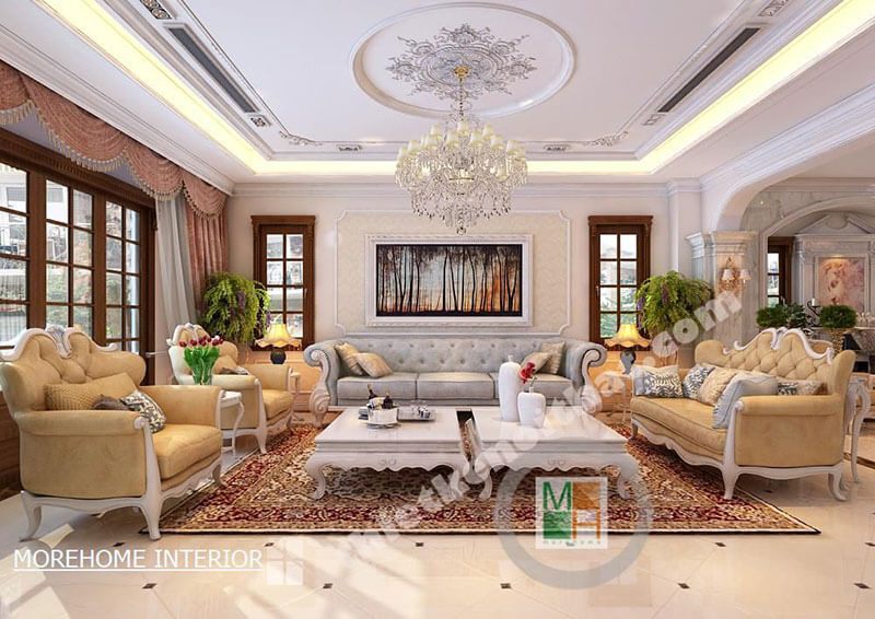 Mẫu sofa tân cổ điển với bọc nỉ sang trọng làm nên sự tinh tế cho phòng khách.